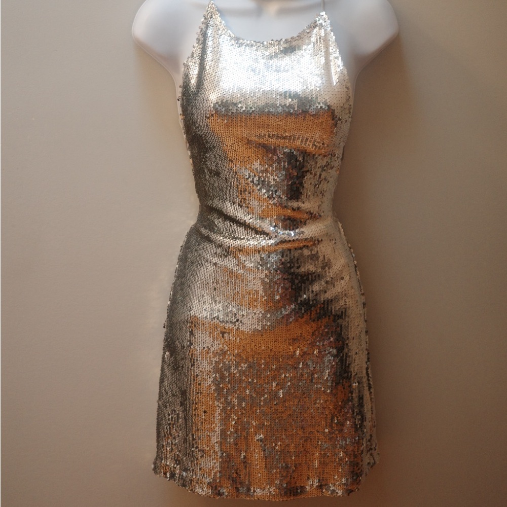 Motel Rocks Silver Sequin Bodycon Halter Dress